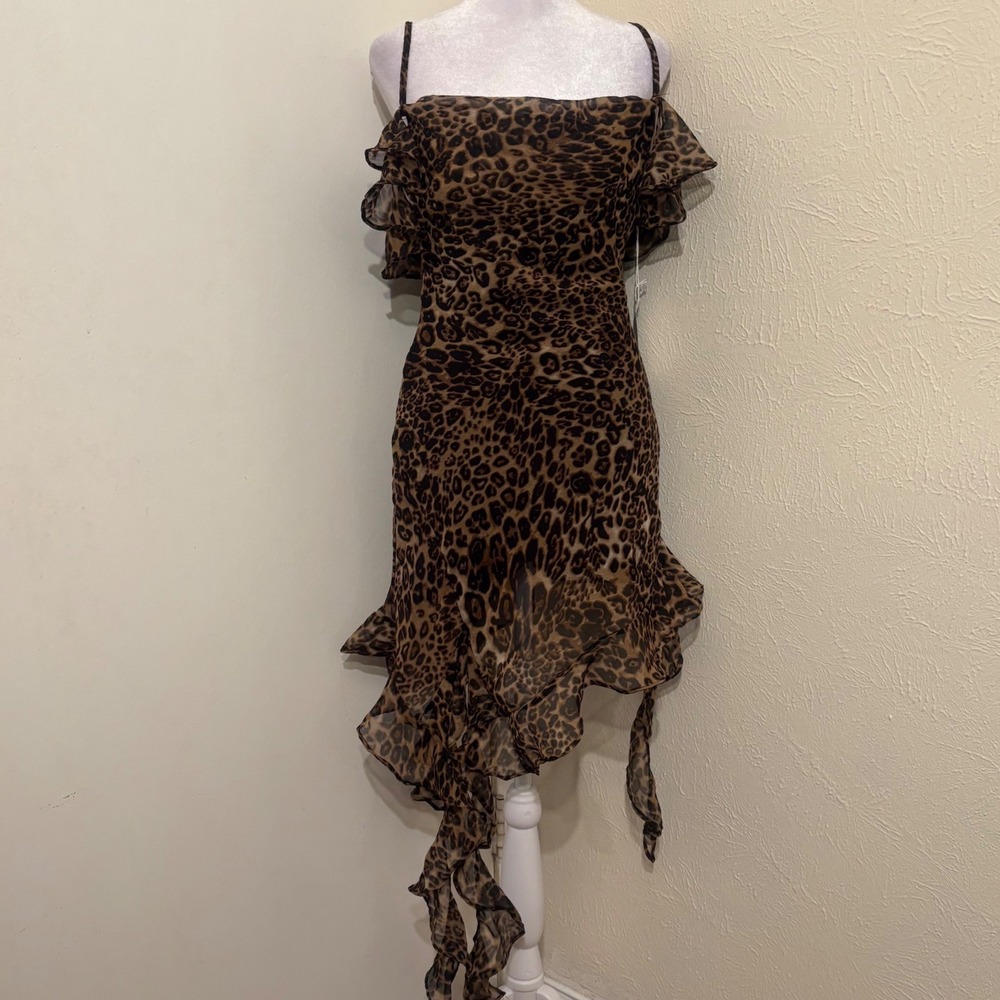 NWT Leopard Cheetah Print Sheer Ruffle Waterfall Off Shoulder Mini Dress Brown S